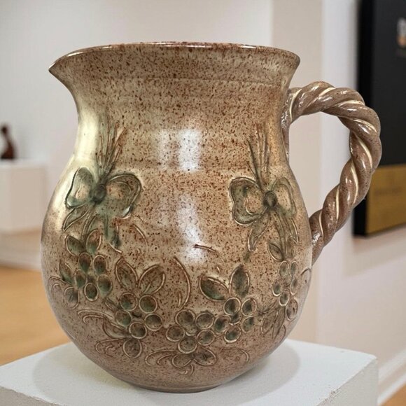 Vintage Studio Pottery Pitcher Brown w/Green Detail Hand Thrown - 6-1/2